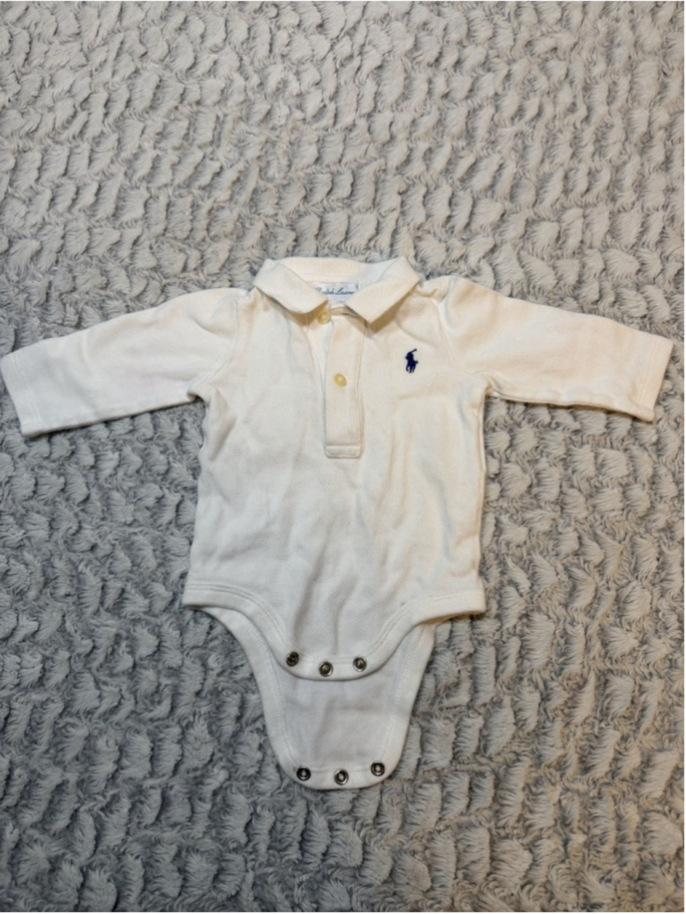 Ralph Lauren Baby 3M White Cotton Long Sleeve Polo Bodysuit Logo One-Piece